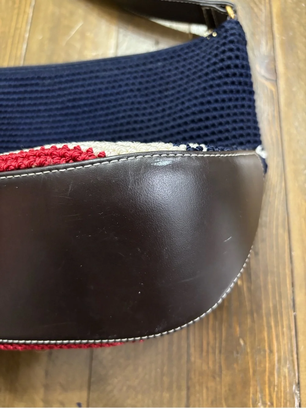 The Sak Navy Crochet Shoulder Bag with Red & Cream Stripes